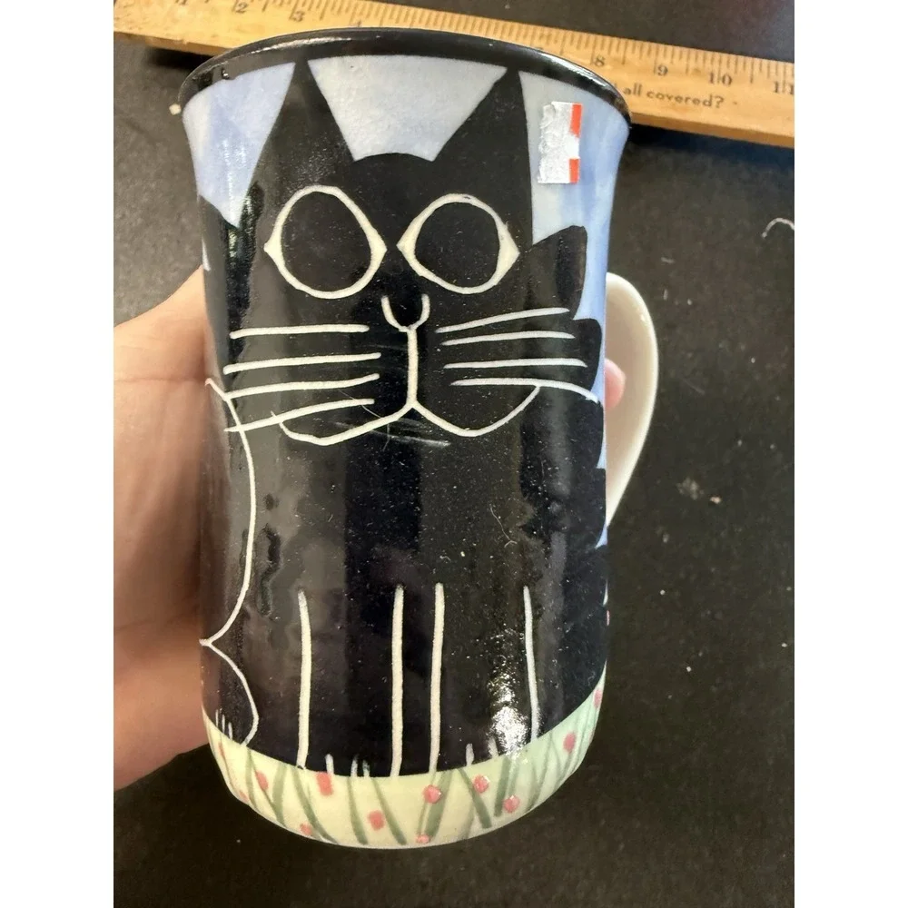 Handmade Black Cat Wall Hanging & Cat Mug Pottery Halloween Folk Art Set
